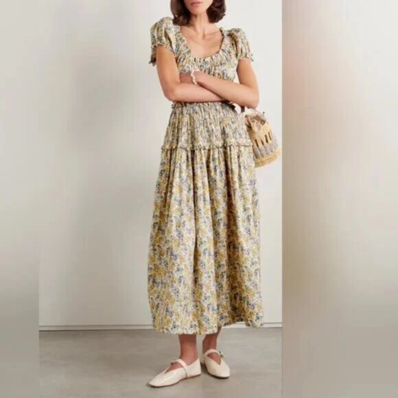 DOEN Leanne shirred floral-print cotton-voile midi dress